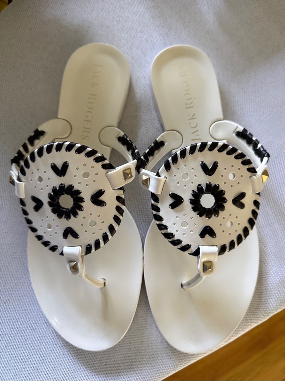 Jack Rogers White Sandal with Black Accent Medallion